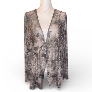 SHEIN Printed Chiffon Sheer Open Front Tie Blouse Floral Pattern Tan Size 4XL